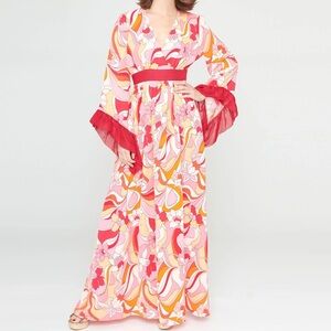 Unique Vintage 1970s Pink & Red Psychedelic Floral Maxi Dress